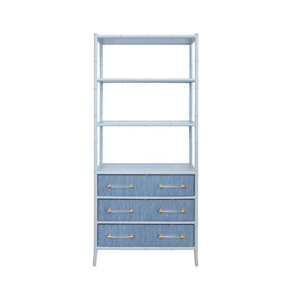 Flynn Three Drawer Etagère - Green or Light Blue Grasscloth & Matte Lacquer