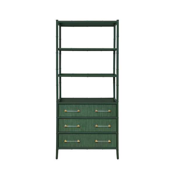 Flynn Three Drawer Etagère - Green or Light Blue Grasscloth & Matte Lacquer