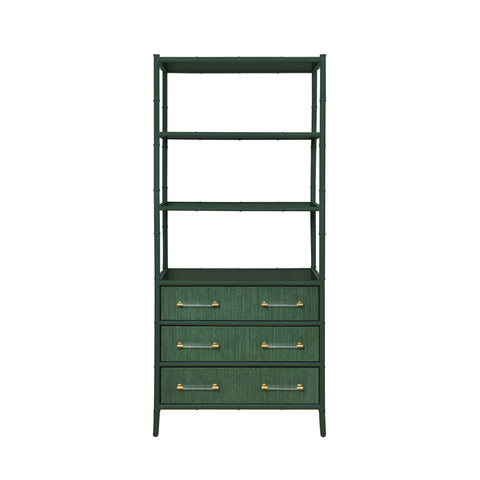 Flynn Three Drawer Etagère - Green or Light Blue Grasscloth & Matte Lacquer