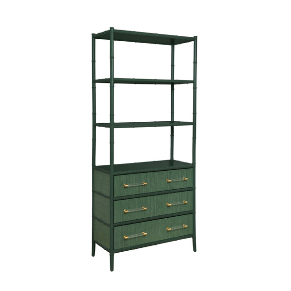 Flynn Three Drawer Etagère - Green or Light Blue Grasscloth & Matte Lacquer