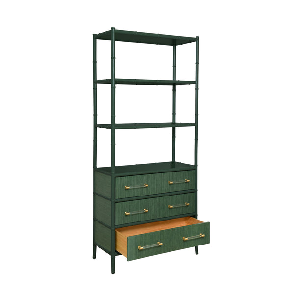 Flynn Three Drawer Etagère - Green or Light Blue Grasscloth & Matte Lacquer