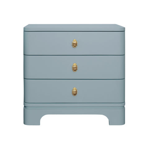 Fortune Rounded Edge Three Drawer Side Table - Blue Matte Lacquer w/Brass Beetle Knobs