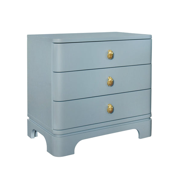 Fortune Rounded Edge Three Drawer Side Table - Blue Matte Lacquer w/Brass Beetle Knobs