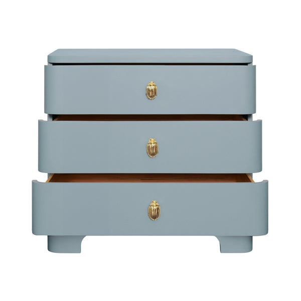 Fortune Rounded Edge Three Drawer Side Table - Blue Matte Lacquer w/Brass Beetle Knobs