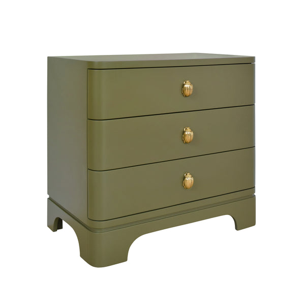 Fortune Rounded Edge Three Drawer Side Table - Matte Olive Green Lacquer w/Brass Beetle Knobs