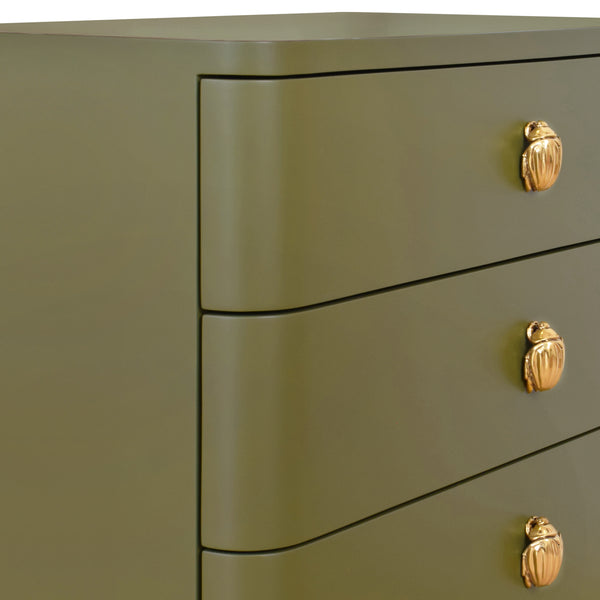 Fortune Rounded Edge Three Drawer Side Table - Matte Olive Green Lacquer w/Brass Beetle Knobs