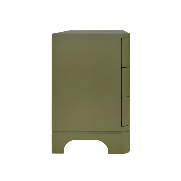 Fortune Rounded Edge Three Drawer Side Table - Matte Olive Green Lacquer w/Brass Beetle Knobs