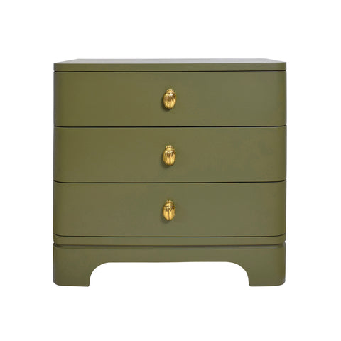 Fortune Rounded Edge Three Drawer Side Table - Matte Olive Green Lacquer w/Brass Beetle Knobs