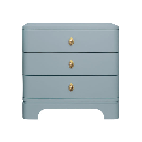 Fortune Rounded Edge Three Drawer Side Table - Matte Olive Green Lacquer w/Brass Beetle Knobs