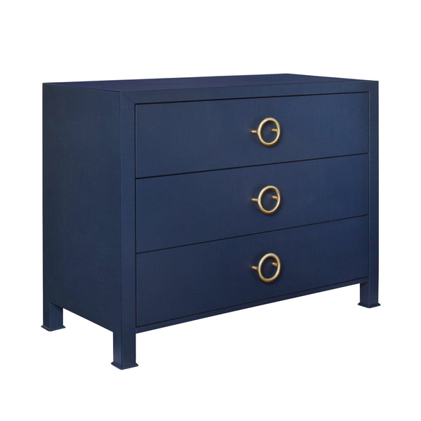 Getty Three Drawer Chest - Navy Blue Linen & Brass Handles