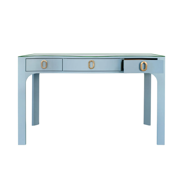 Gladys  Curved Front Three Drawer Desk - Light Blue Linen