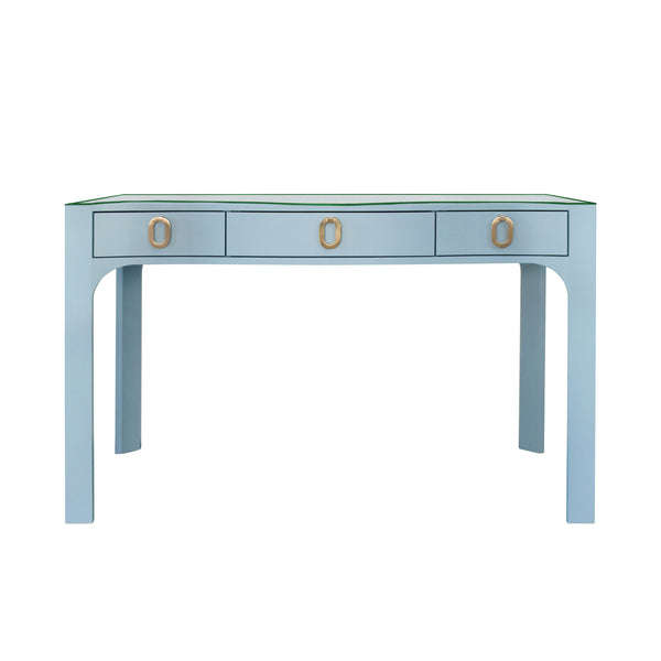 Gladys  Curved Front Three Drawer Desk - Light Blue Linen