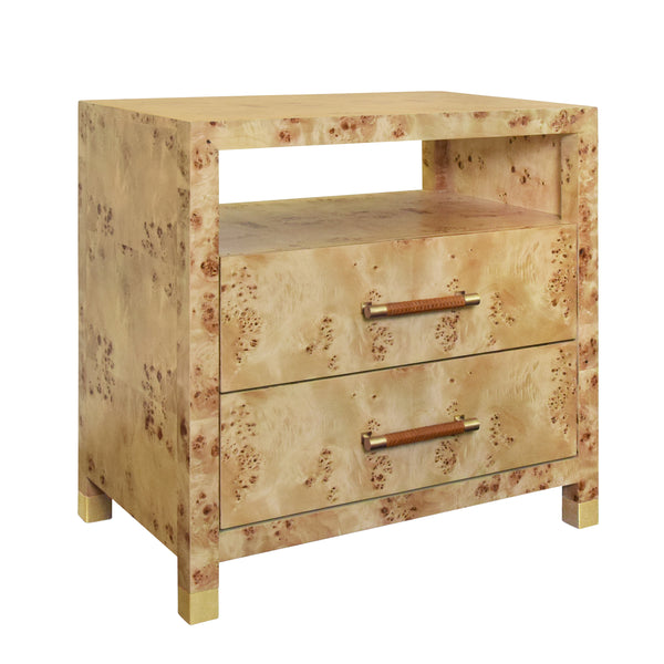 Hancock Two Drawer Side Table - Burlwood w/Rattan Wrapped Handles