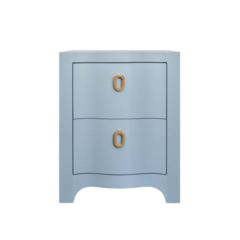 Helena Curved Front Two Drawer Side Table - Light Blue Linen  & Brass
