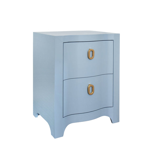 Helena Curved Front Two Drawer Side Table - Light Blue Linen  & Brass