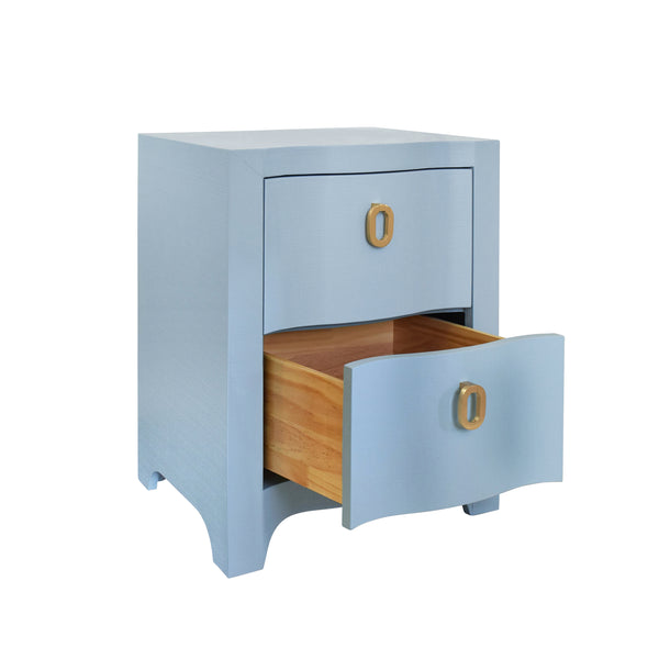 Helena Curved Front Two Drawer Side Table - Light Blue Linen  & Brass