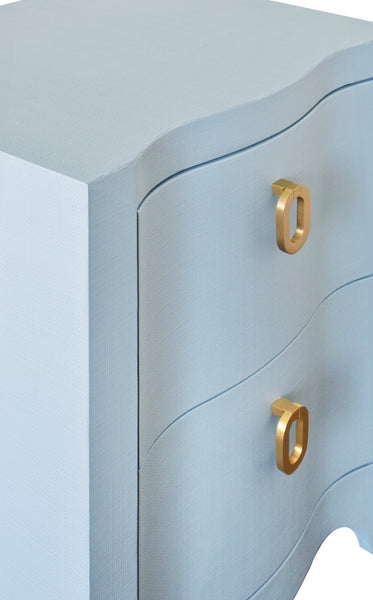 Helena Curved Front Two Drawer Side Table - Light Blue Linen  & Brass