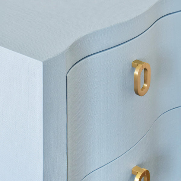 Helena Curved Front Two Drawer Side Table - Light Blue Linen  & Brass