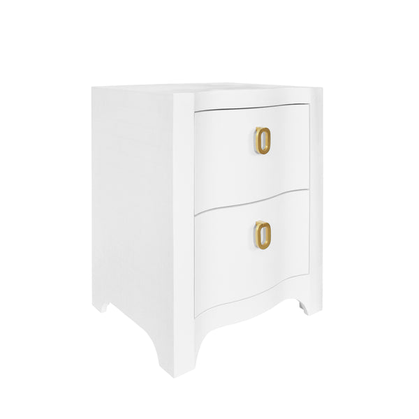 Helena Curved Front Two Drawer Side Table - White Linen & Brass