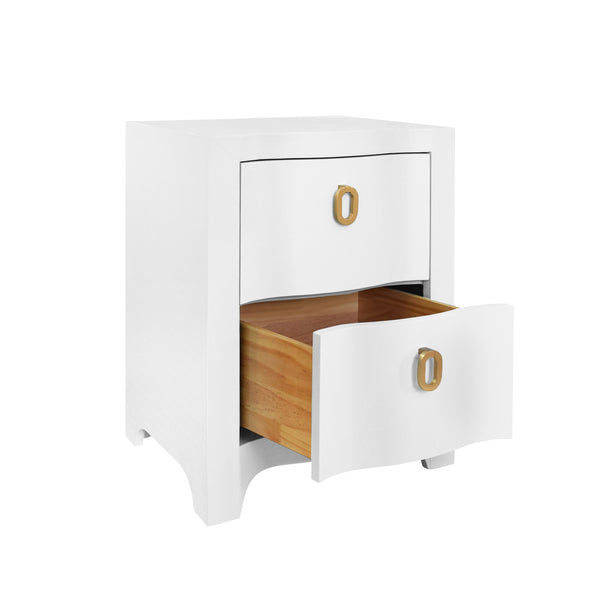 Helena Curved Front Two Drawer Side Table - White Linen & Brass