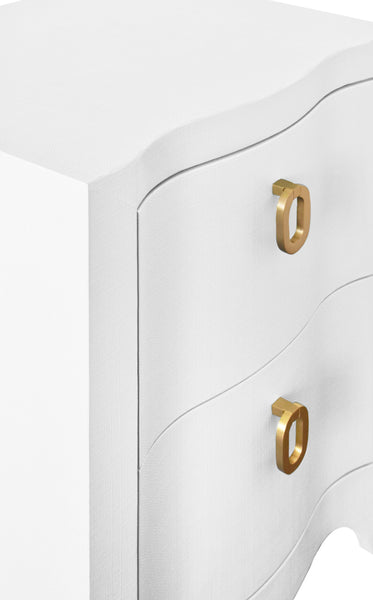 Helena Curved Front Two Drawer Side Table - White Linen & Brass