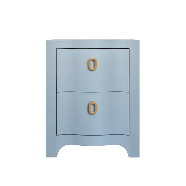 Helena Curved Front Two Drawer Side Table - Light Blue Linen  & Brass