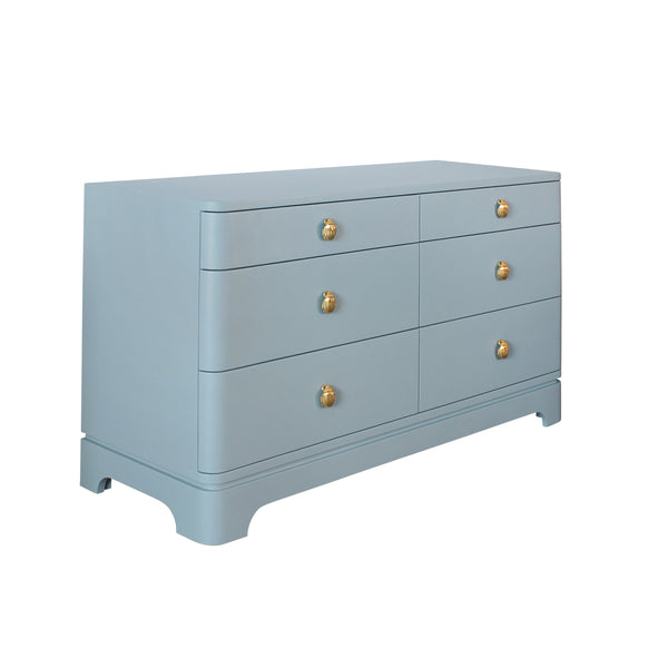 Kilmer Rounded Edge Six Drawer Chest - Light Blue Matte Lacquer w/Brass Beetle Knobs