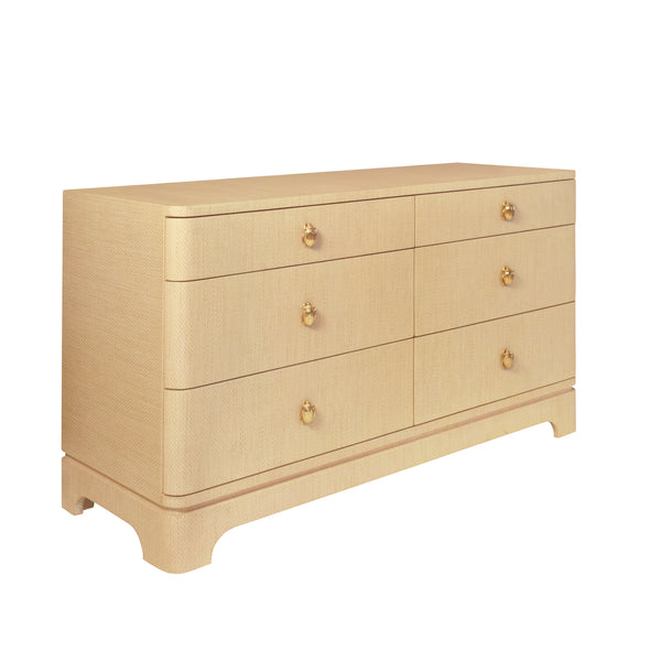 Kilmer Rounded Edge Six Drawer Chest - Natural Grasscloth w/Brass Beetle Knobs