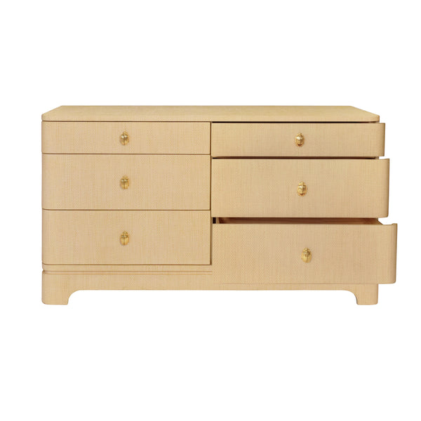 Kilmer Rounded Edge Six Drawer Chest - Natural Grasscloth w/Brass Beetle Knobs