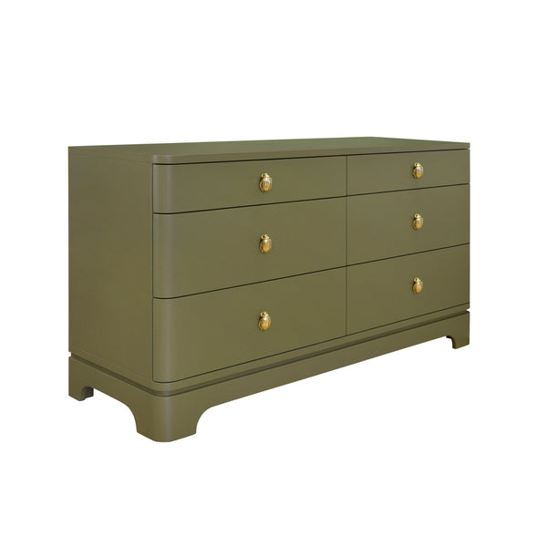 Kilmer Rounded Edge Six Drawer Chest  - Olive Green Matte Lacquer w/Brass Beetle Knobs