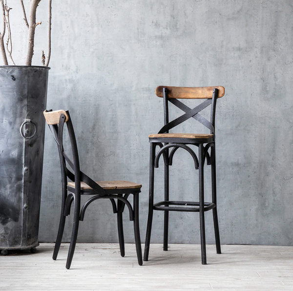 Crossroads Wood & Black Iron Caned Counter Stool - Matthew Izzo Collection