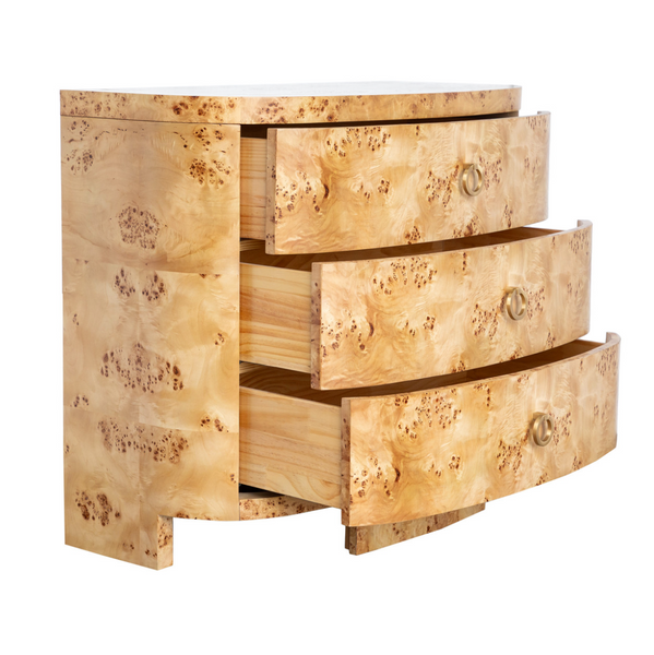 Henry Demilune Three Drawer Chest - Burlwood & Brass