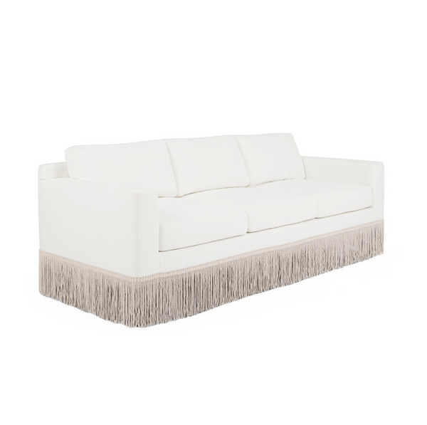 Caroline Lawson Style Sofa w/Performance Linen & Bullion Fringe Skirt