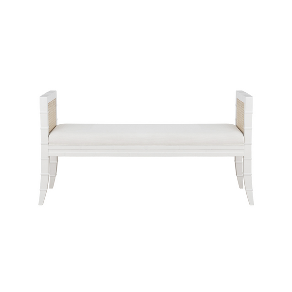 Benedict Bamboo Bench w/Cane Sides & Upholstered Cushion - Matte White Lacquer or Cerused Oak