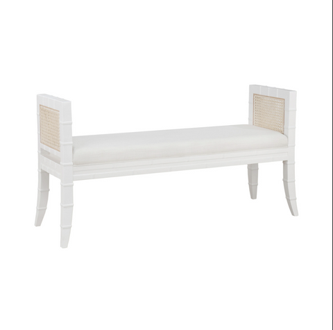 Benedict Bamboo Bench w/Cane Sides & Upholstered Cushion - Matte White Lacquer or Cerused Oak