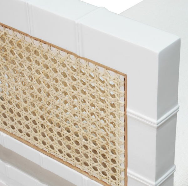 Benedict Bamboo Bench w/Cane Sides & Upholstered Cushion - Matte White Lacquer or Cerused Oak