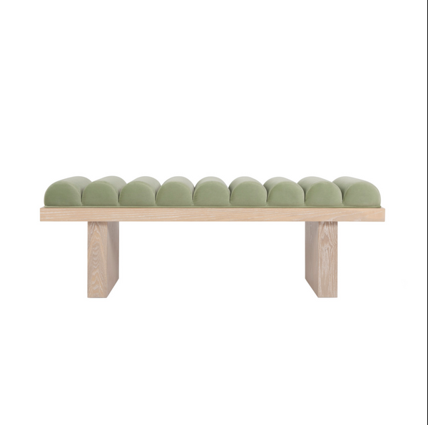 Caspian Cerused Oak Channeled Bench  - Sage Velvet or White Performance Linen