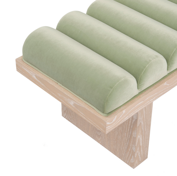 Caspian Cerused Oak Channeled Bench  - Sage Velvet or White Performance Linen