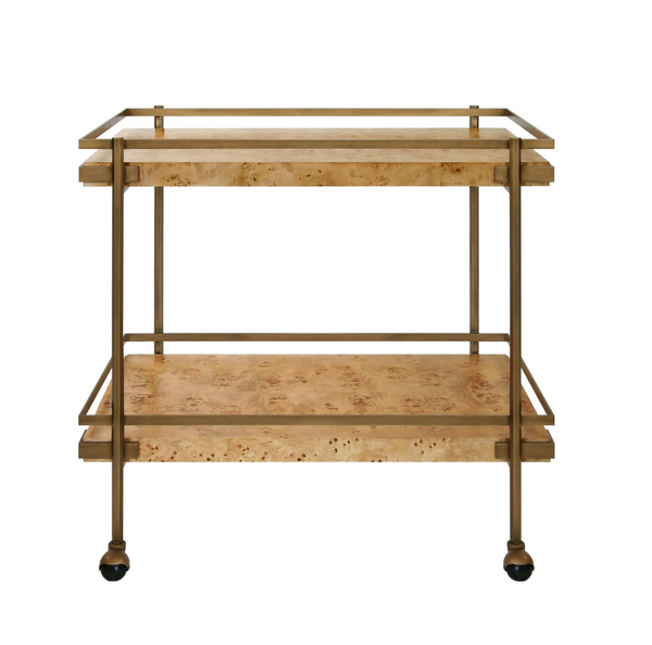 Cash Two Tier Bar Cart - Light or Dark Burlwood w/Antique Brass