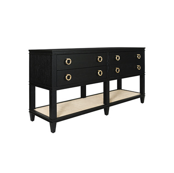 Richmond Four Drawer Console Table - Black Oak or Cerused Oak & Cane