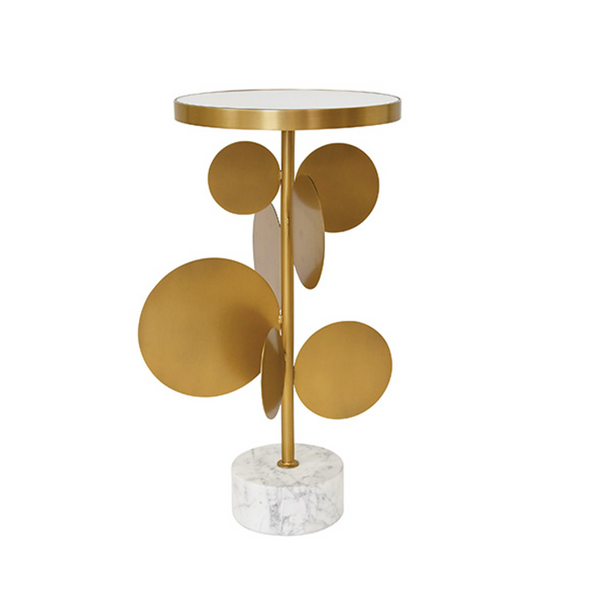 Cassius Sculptural Brass Side Table w/Round Mirror Top & Marble Base
