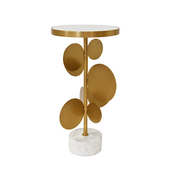 Cassius Sculptural Brass Side Table w/Round Mirror Top & Marble Base