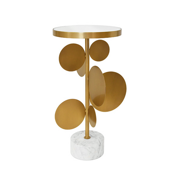Cassius Sculptural Brass Side Table w/Round Mirror Top & Marble Base