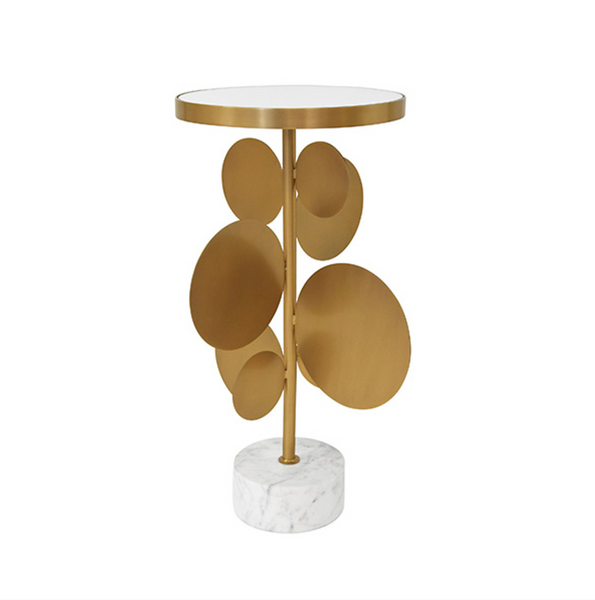 Cassius Sculptural Brass Side Table w/Round Mirror Top & Marble Base