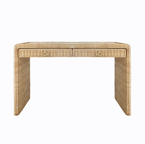 Adrien Rattan and Glass Top, Waterfall Edge, Two Drawer Desk with Satin Brass Hardware