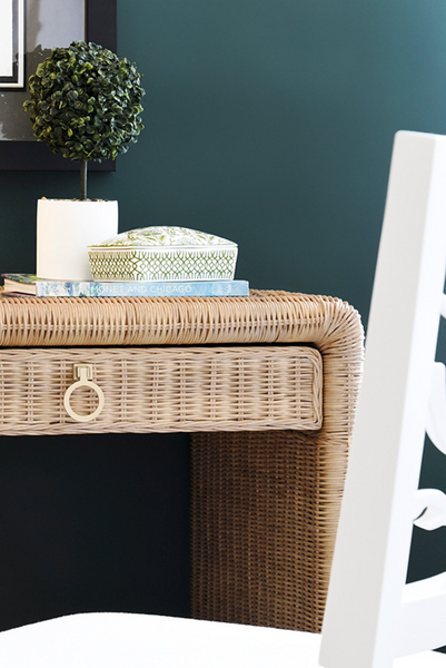 Adrien Rattan and Glass Top, Waterfall Edge, Two Drawer Desk with Satin Brass Hardware