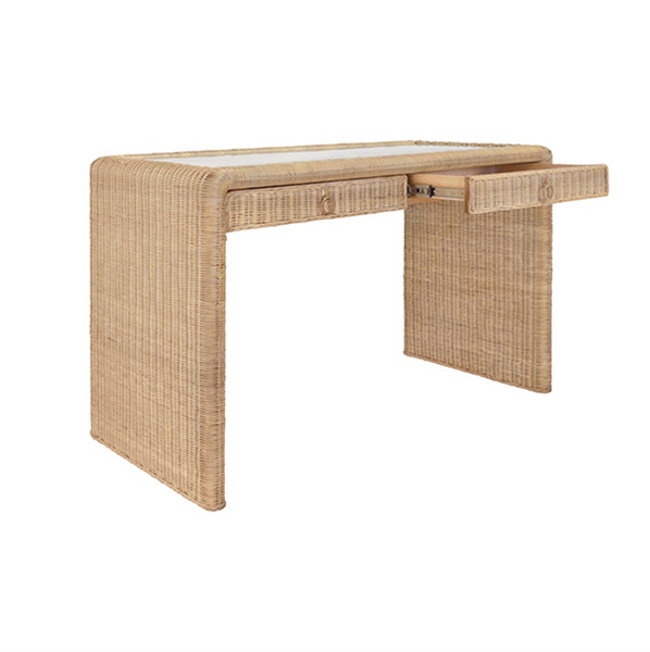 Adrien Rattan and Glass Top, Waterfall Edge, Two Drawer Desk with Satin Brass Hardware