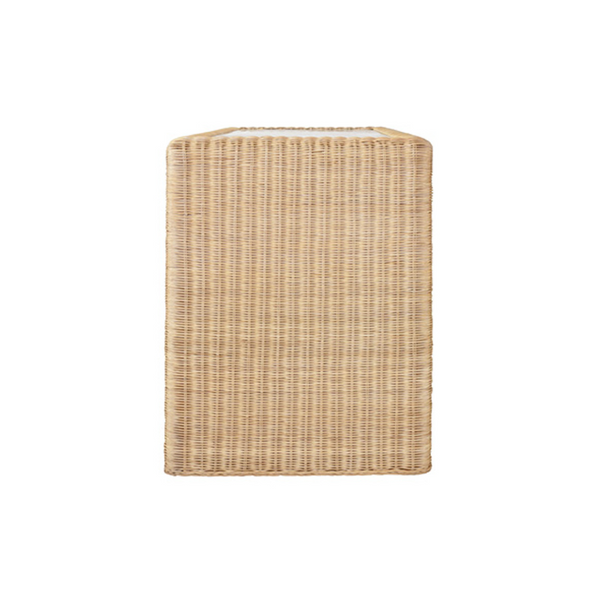 Adrien Rattan and Glass Top, Waterfall Edge, Two Drawer Desk with Satin Brass Hardware