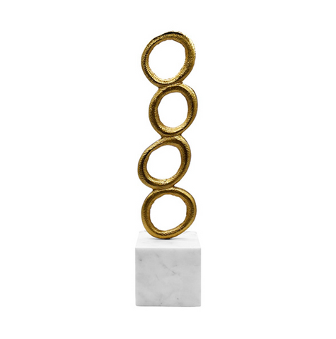 Omar Stacked Brass Circles Sculpture on White Marble Base