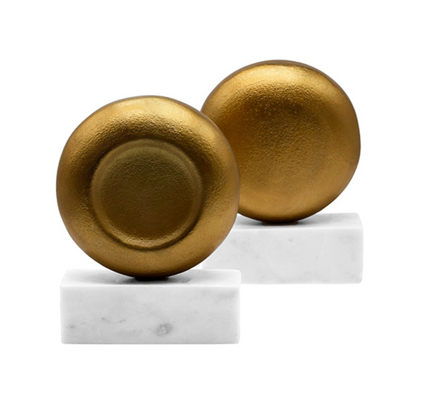 Disky Textured Brass Bookends on Marble Base - Set of 2